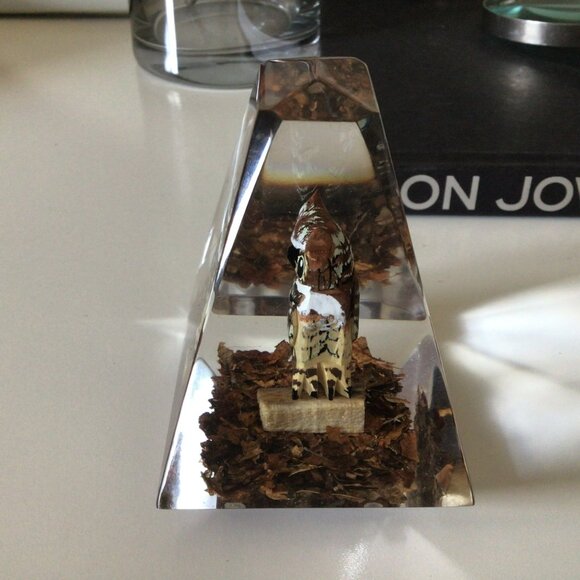Lucite Pyramid Paperweight Hand Carved Painted Great Horned Owl MCM Mid-century - Picture 5 of 10